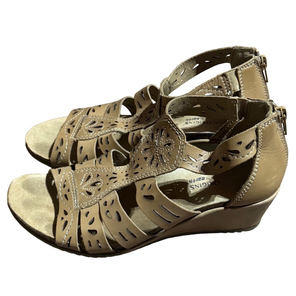 Earth Origins Ruby Women's Tan Leather Cutout Wedge Sandals Back Zip Size 8.5